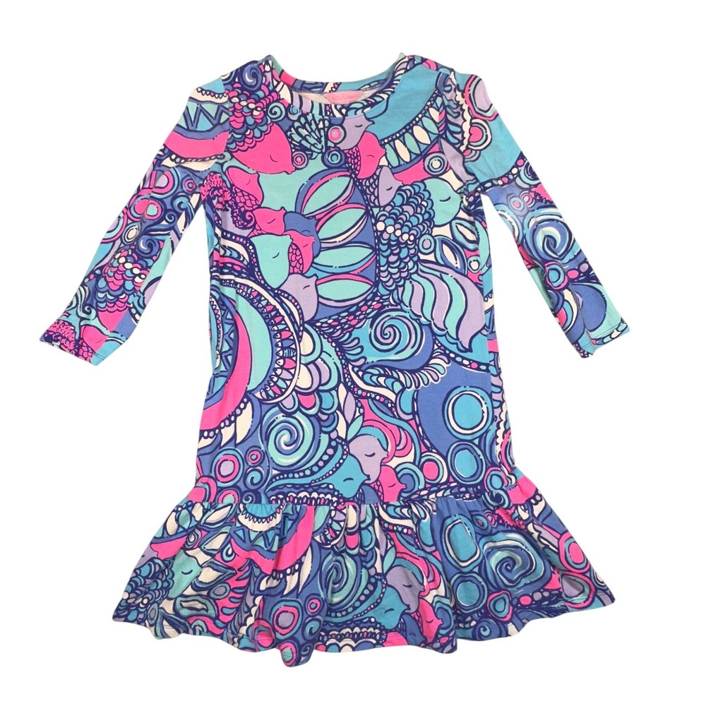 Lilly Pulitzer Girls XL 12-14 Blue Pink Paisley Ruffle Hem Long Sleeve Dress